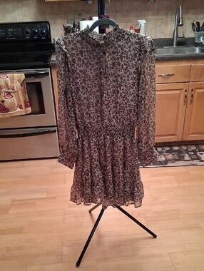 Heartloom Beige and Black Floral Long Sleeve Smocked Mini Dress